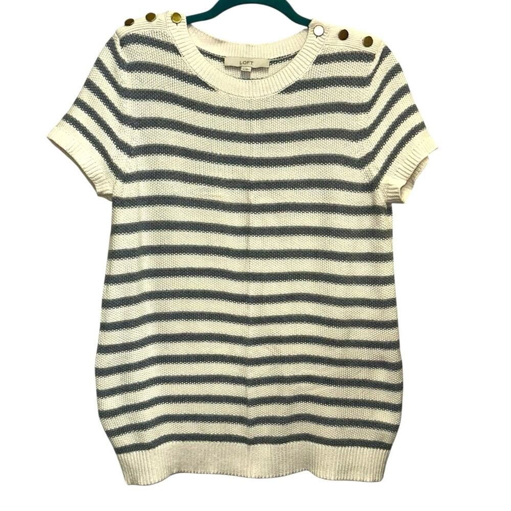 LOFT Striped Short Sleeve Sweater Nautical Button Shoulder Size Medium